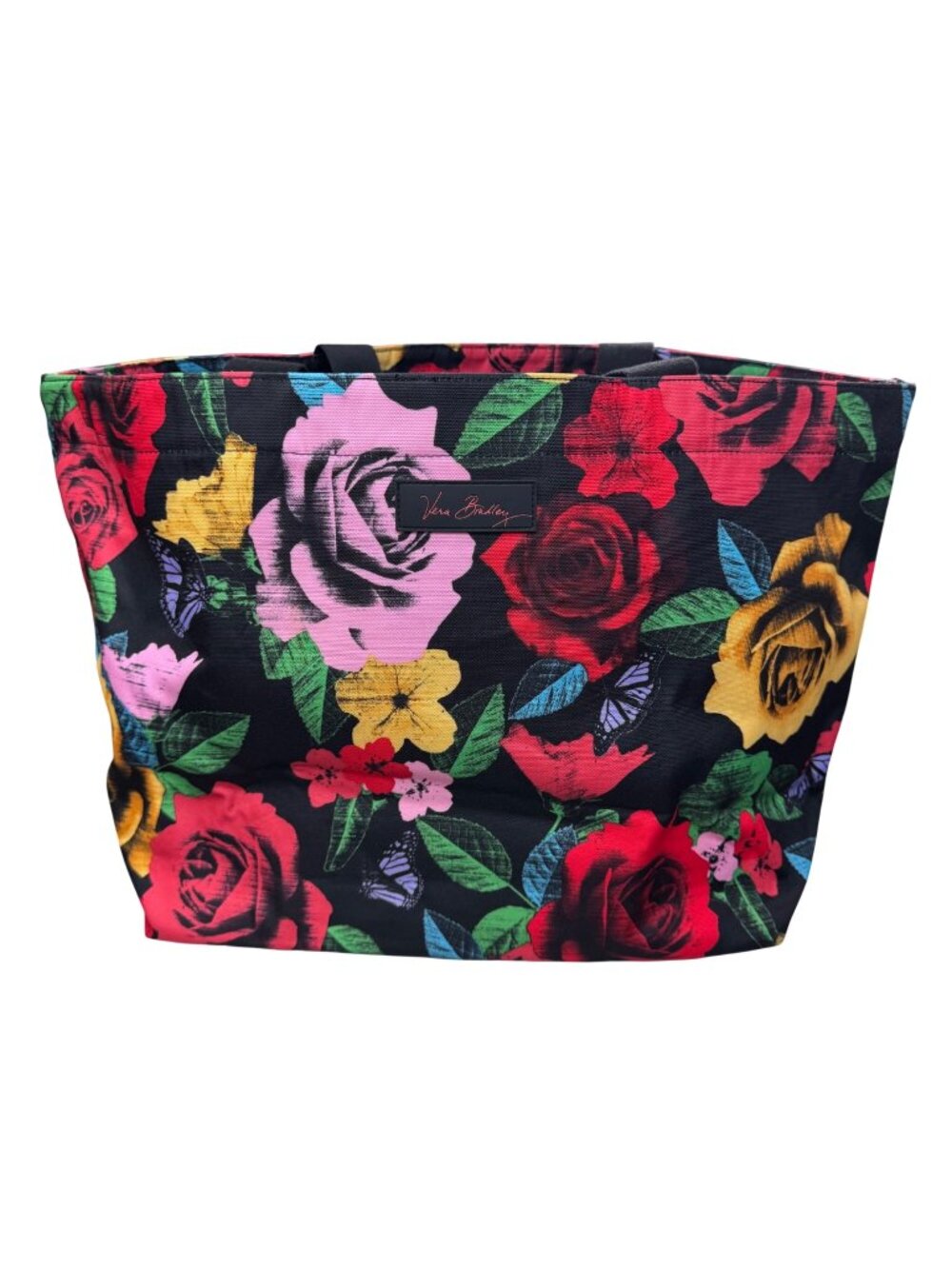 Havana Rose Large Vera Bradley Floral Tote Bag Black Roses Butterfly Canvas 16"
